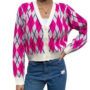 Argyle Knit Cropped Cardigan Womens Pink Size S Preppy Y2K Thick Varsity Tennis